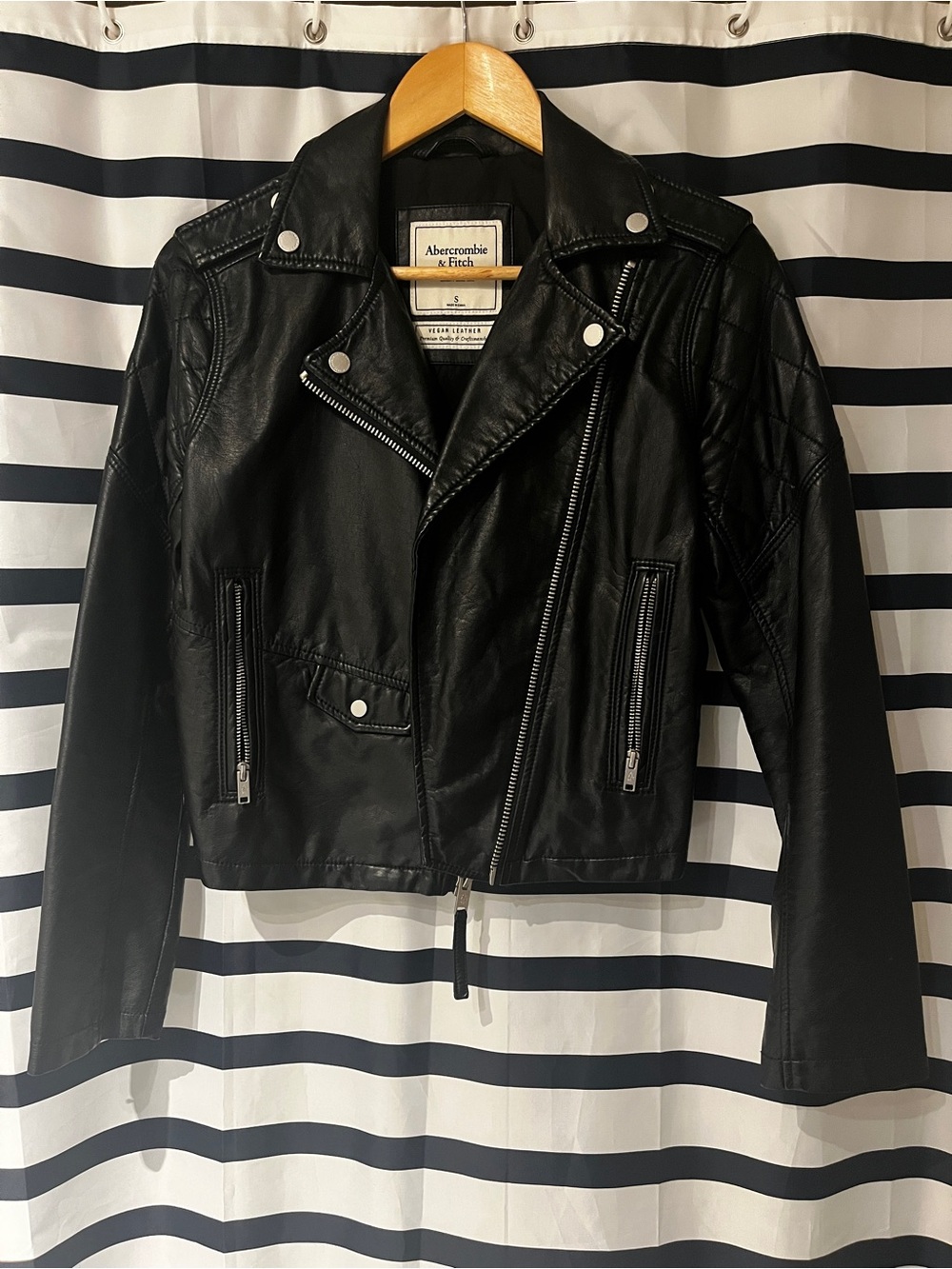 Abercrombie & Fitch Black Faux Leather Moto Jacket with Asymmetrical Zip